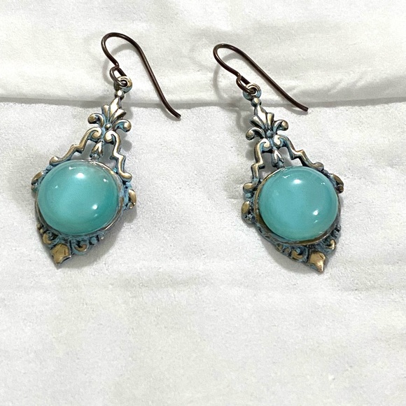 Blue Moonstone Earrings Niobium Ear Wires Vintaj Bridgerton Inspired Jewelry - Picture 4 of 6